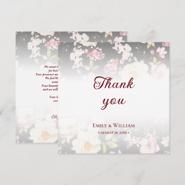 Carte De Remerciements Aquarelle rose Roses jaunes, noir flou, Mariage (Devant / Derrière)