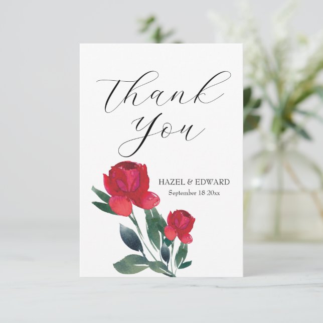 Carte De Remerciements Aquarelle Rose rouge Mariage Floral (Debout devant)