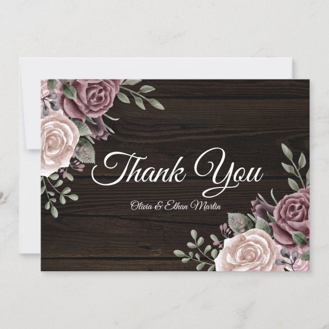 Carte De Remerciements Aquarelle rose rustique Bois Floral (Devant)