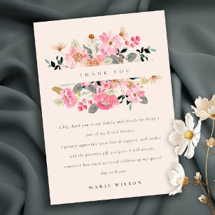 Carte De Remerciements Aquarelle rose vif Fête des mariées florale