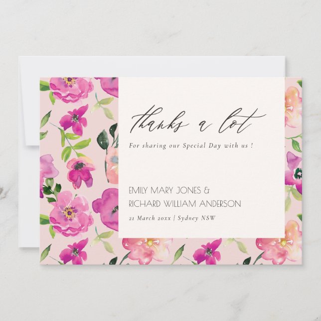 Carte De Remerciements Aquarelle rose vif rétro Mariage floral (Devant)