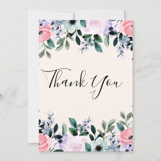 Carte De Remerciements Aquarelle rose violet vert à la frontière florale (Devant)