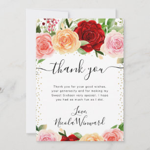 Carte De Remerciements Aquarelle Roses Fleurs Rouges et Orange Sweet 16