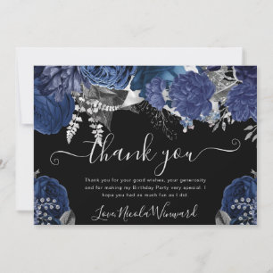 Carte De Remerciements Aquarelle Roses Navies et Argentées Anniversaire