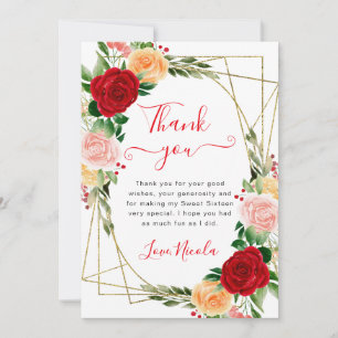 Carte De Remerciements Aquarelle Roses Orange Rouge Cadre Sweet 16