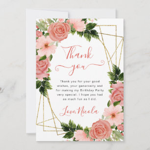 Carte De Remerciements Aquarelle Roses Roses Foncé Cadre Doré Anniversair