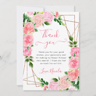 Carte De Remerciements Aquarelle Roses Roses Foncé Cadre Doré Sweet 16