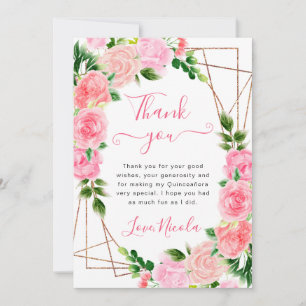 Carte De Remerciements Aquarelle Roses Roses Gold Cadre Quinceanera