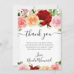 Carte De Remerciements Aquarelle Roses Rouges et Orange Quinceanera