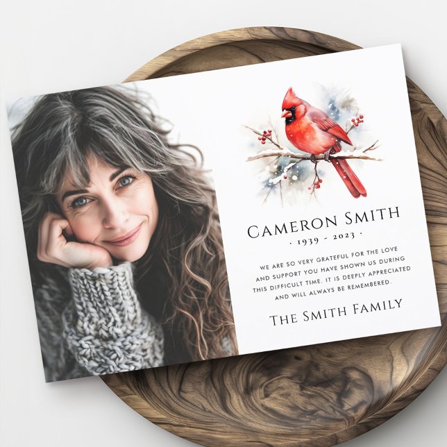 Carte De Remerciements Aquarelle rouge cardinal funérailles sympathie pho (Red watercolor cardinal funeral sympathy photo thank you card)