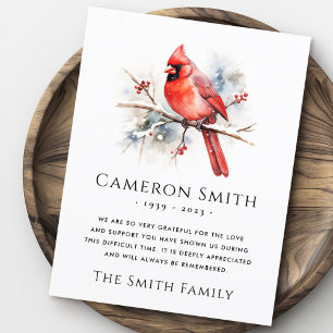 Carte De Remerciements Aquarelle rouge cardinal sympathie funéraire