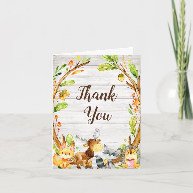 Carte De Remerciements Aquarelle rustique Baby shower d'animaux de bois (Devant)
