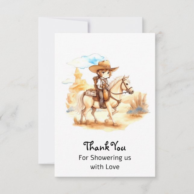 Carte De Remerciements Aquarelle rustique Baby shower Western Cowboy (Devant)