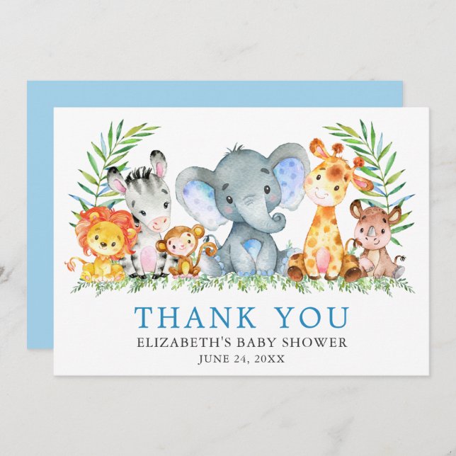 Carte De Remerciements Aquarelle Safari Animaux Baby shower bleu clair (Devant / Derrière)