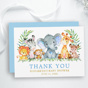 Carte De Remerciements Aquarelle Safari Animaux Baby shower Blue Gold