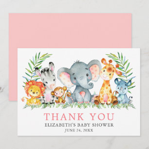 Carte De Remerciements Aquarelle Safari Animaux Baby shower rose