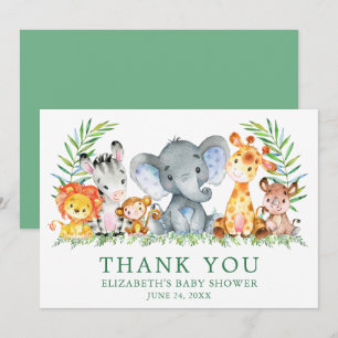 Carte De Remerciements Aquarelle Safari Animaux Baby shower Vert