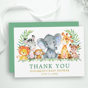 Carte De Remerciements Aquarelle Safari Animaux Baby shower Vert Or