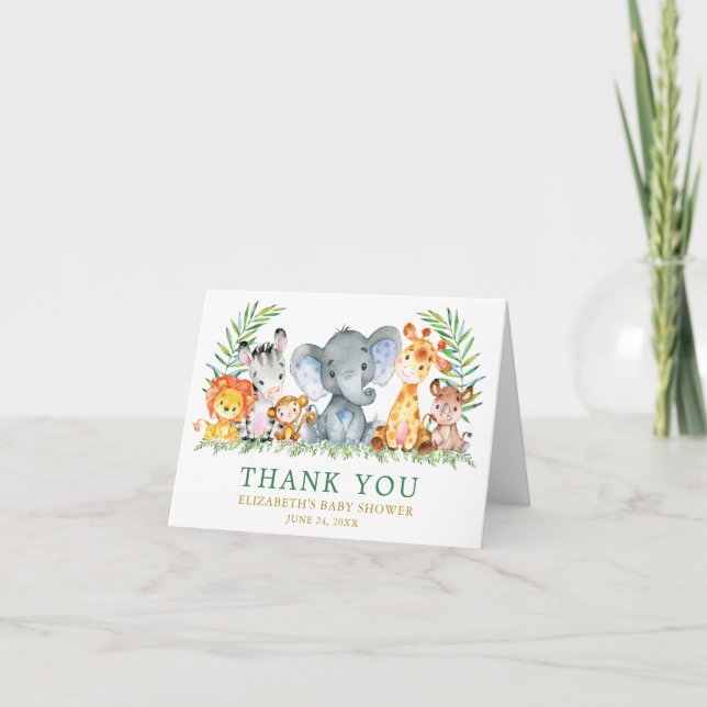 Carte De Remerciements Aquarelle Safari Animaux Green Baby shower Note (Devant)