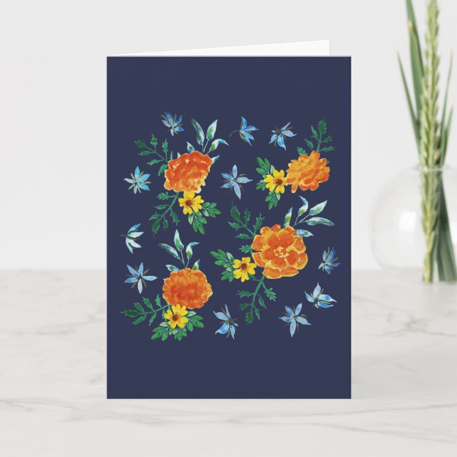 Carte De Remerciements Aquarelle Simple Marigold Fleurs Midnight Blue (Devant)