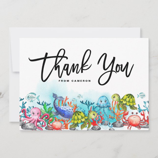 Carte De Remerciements Aquarelle sous la mer fête d'anniversaire (Devant)