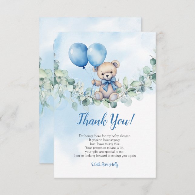 Carte De Remerciements Aquarelle Teddy Bear Bleu et Baby shower de ballon (Devant / Derrière)
