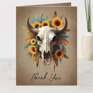 Carte De Remerciements Aquarelle Tournesol plumes Vache Mariage crâne