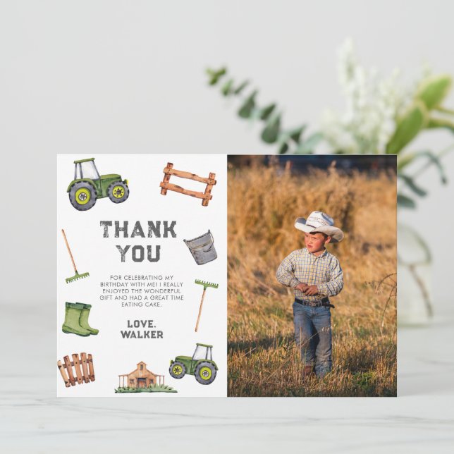 Carte De Remerciements Aquarelle Tracteur vert Photo 2e anniversaire (Debout devant)
