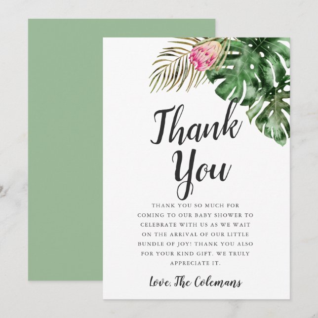 Carte De Remerciements Aquarelle tropicale Baby shower verdoyant (Devant / Derrière)