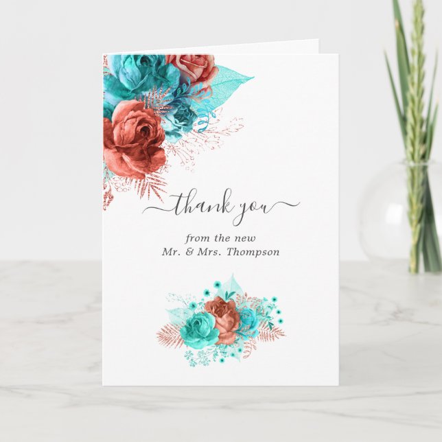 Carte De Remerciements Aquarelle turquoise et corail Photo Mariage floral (Devant)