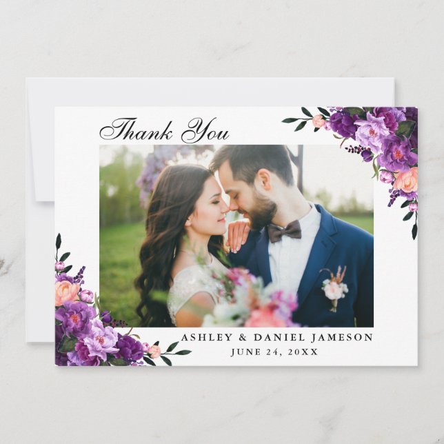 Carte De Remerciements Aquarelle Ultra violet violet Mariage Floral (Devant)