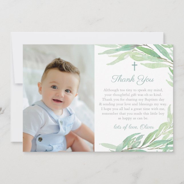 Carte De Remerciements Aquarelle Végétation Baptiste ou photo d'anniversa (Devant)