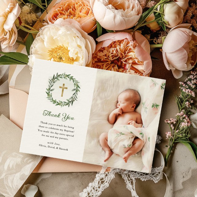 Carte De Remerciements Aquarelle Verdure et Croix d'or | Photo Baptême (Créateur téléchargé)