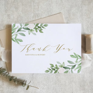 Carte De Remerciements Aquarelle Verdure et Fleurs blanches Mariage or