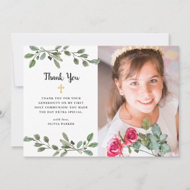 Carte De Remerciements Aquarelle Verdure et Gold Photo Première communion (Devant)