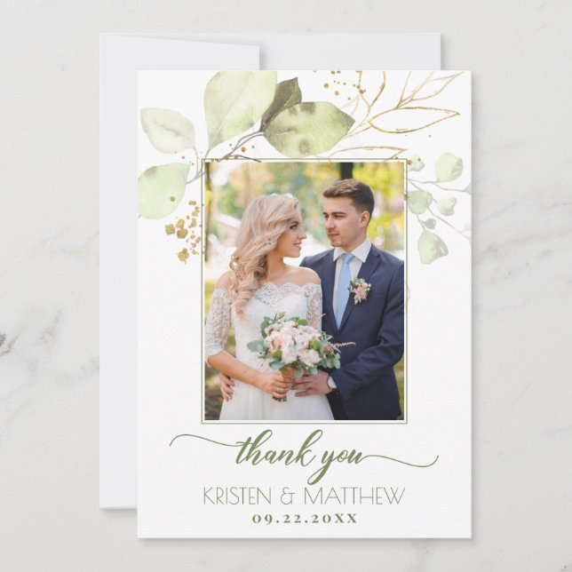 Carte De Remerciements Aquarelle Vert Floral Élégant Mariage photo (Devant)