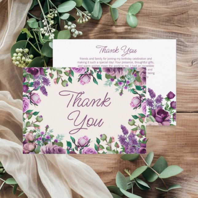 Carte De Remerciements Aquarelle verte à la menthe violette Anniversaire  (Purple and mint green floral birthday party thank you card)