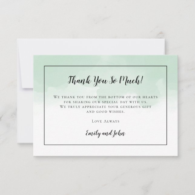 Carte De Remerciements Aquarelle verte Mint Mariage photo Script noir (Devant)