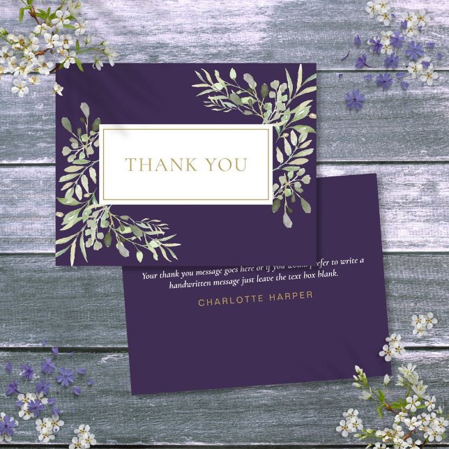 Carte De Remerciements Aquarelle verte Purple Gold Business (Watercolor Greenery Purple Gold Business Thank You Card)