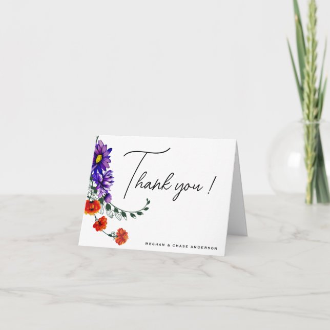 Carte De Remerciements Aquarelle Vibrant Orange et violet Fleurs sauvages (Devant)