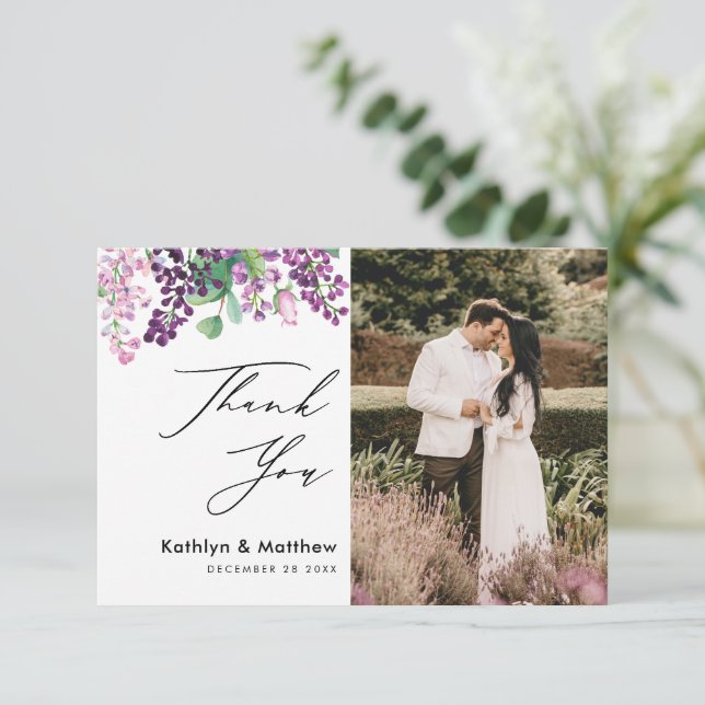 Carte De Remerciements Aquarelle violet Floral Script Mariage photo (Debout devant)