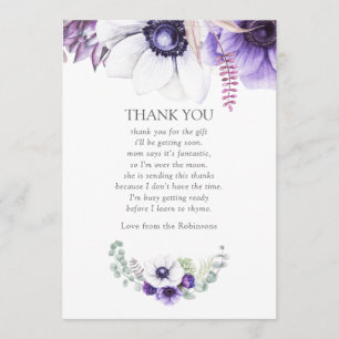 Carte De Remerciements Aquarelle violet poussiéreuse Baby shower Floral M