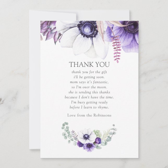 Carte De Remerciements Aquarelle violet poussiéreuse Baby shower Floral M (Devant)