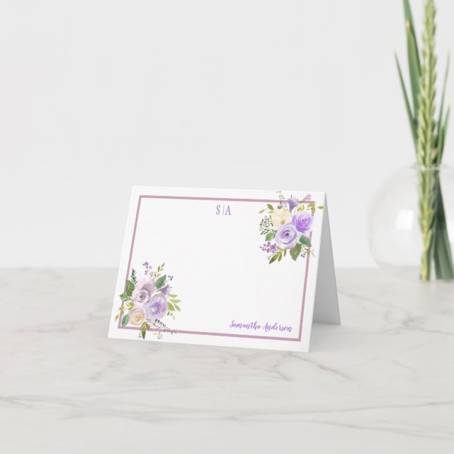 Carte De Remerciements Aquarelle violette Coins floraux Nom et monogramme (Devant)