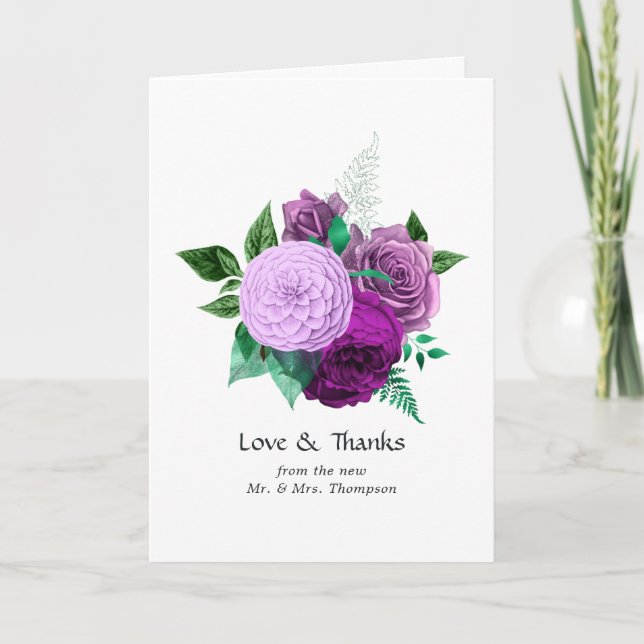 Carte De Remerciements Aquarelle violette et verte Mariage Floral (Devant)