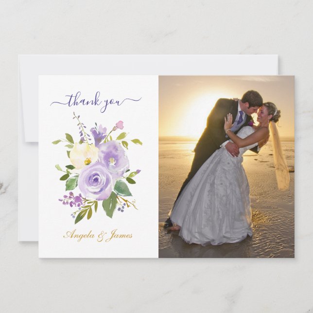 Carte De Remerciements Aquarelle violette Mariage floral photo (Devant)