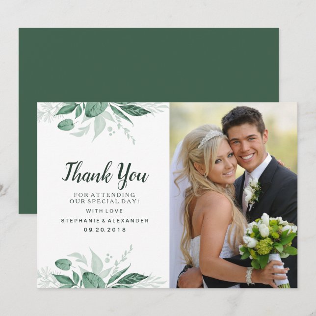 Carte De Remerciements Aquarelle Wild Feuilles Hunter Mariage vert (Devant / Derrière)