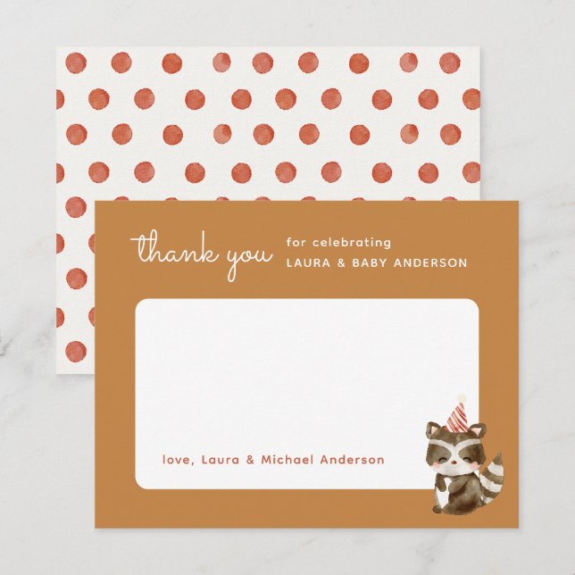 Carte De Remerciements Aquarelle Woodland Racoon Polka Dot Baby shower (Devant / Derrière)