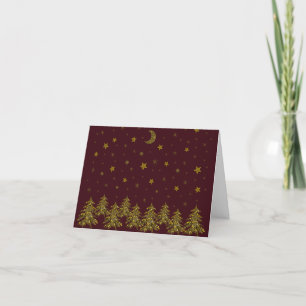 Carte De Remerciements Arbre de Noël en or brillant, lune, étoiles sur ro