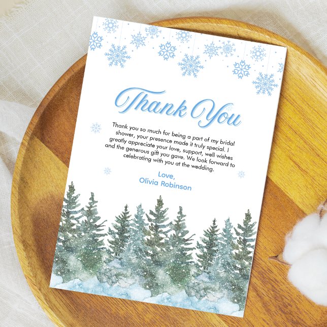 Carte De Remerciements Arbre de Noël enneigé en amour Flocons de neige Ba (Winter Pine Snow in Love Snowflakes Bridal Shower Thank You Card )